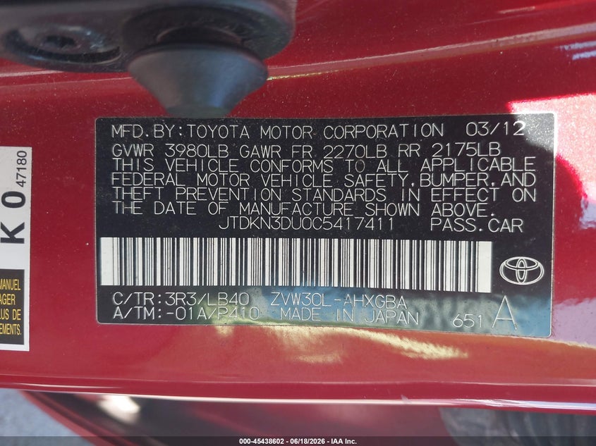 2012 Toyota Prius VIN JTDKN3DU0C5417411 IAAI salvage auction — NORMAL WEAR, Bill Of Sale (Hawaii), sold $25 on 2026-07-28 (photo 9)