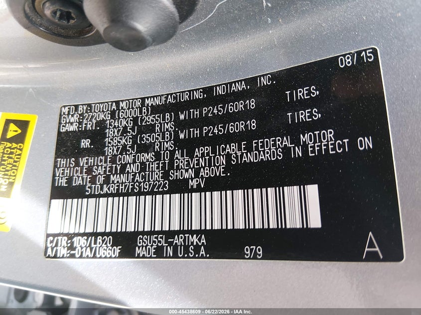 2015 Toyota Highlander VIN 5TDJKRFH7FS197223 IAAI salvage auction — FRONT END, Salvage (New Mexico), sold $4,950 on 2026-07-12 (photo 9)