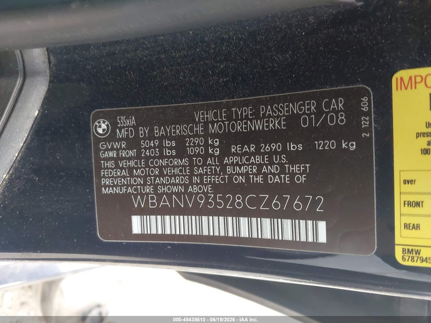 2008 BMW 5 series VIN WBANV93528CZ67672 IAAI salvage auction — NORMAL WEAR, Clear - Dealer Only (California), sold $325 on 2026-07-20 (photo 9)