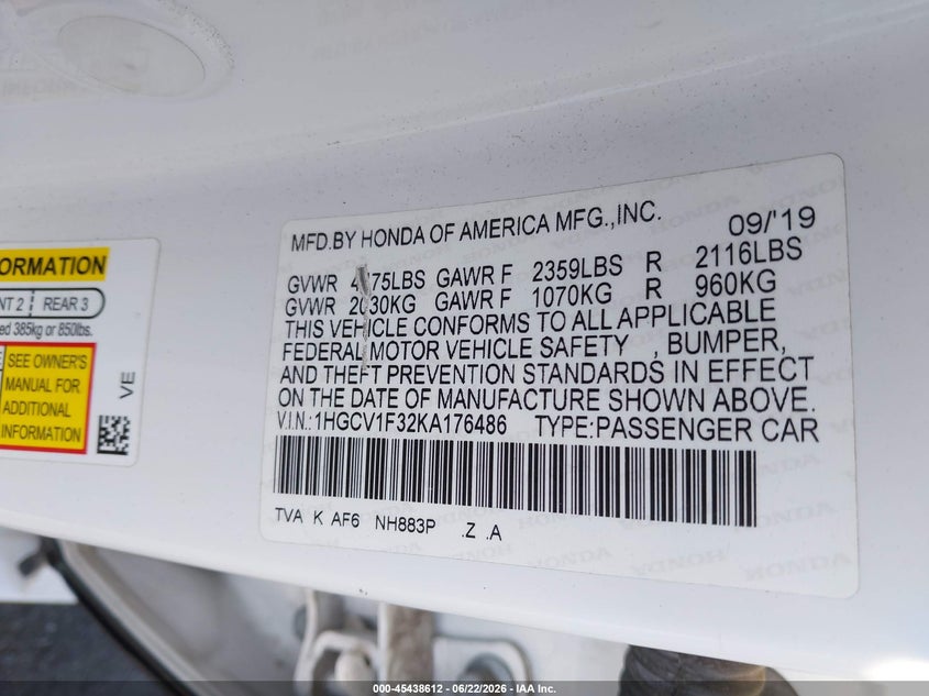 2019 Honda Accord VIN 1HGCV1F32KA176486 IAAI salvage auction — FRONT END, Salvage Title, sold $4,650 on 2026-07-22 (photo 9)