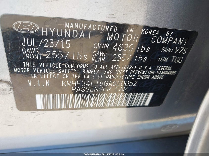 2016 Hyundai Sonata VIN KMHE34L16GA020052 IAAI salvage auction — UNDERCARRIAGE, Salvage Title, sold $325 on 2026-07-23 (photo 9)