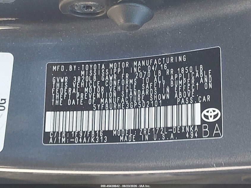 2016 Toyota Corolla VIN 5YFBURHE3GP502101 IAAI salvage auction — FRONT END, Salvage (California), sold $1,875 on 2026-07-14 (photo 9)