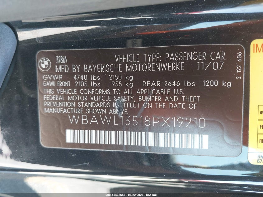 2008 BMW 3 series VIN WBAWL13518PX19210 IAAI salvage auction — LEFT FRONT, Salvage (California), sold $1,100 on 2026-07-10 (photo 9)