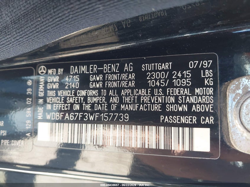 1998 Mercedes-benz Sl-klasse VIN WDBFA67F3WF157739 IAAI salvage auction — REAR END, Salvage (California), sold $1,550 on 2026-07-21 (photo 9)