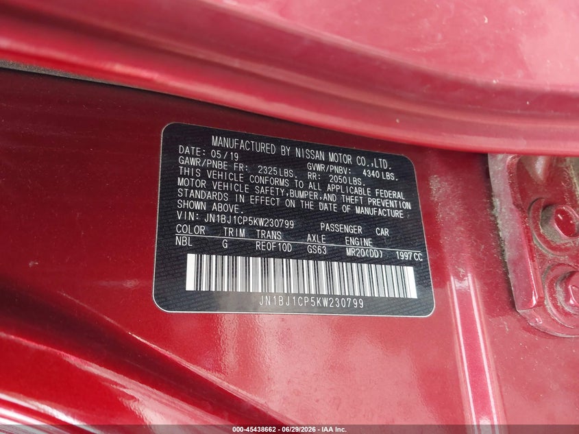 2019 Nissan VIN JN1BJ1CP5KW230799 IAAI salvage auction — FRONT END, Salvage Title, sold $2,100 on 2026-07-31 (photo 9)