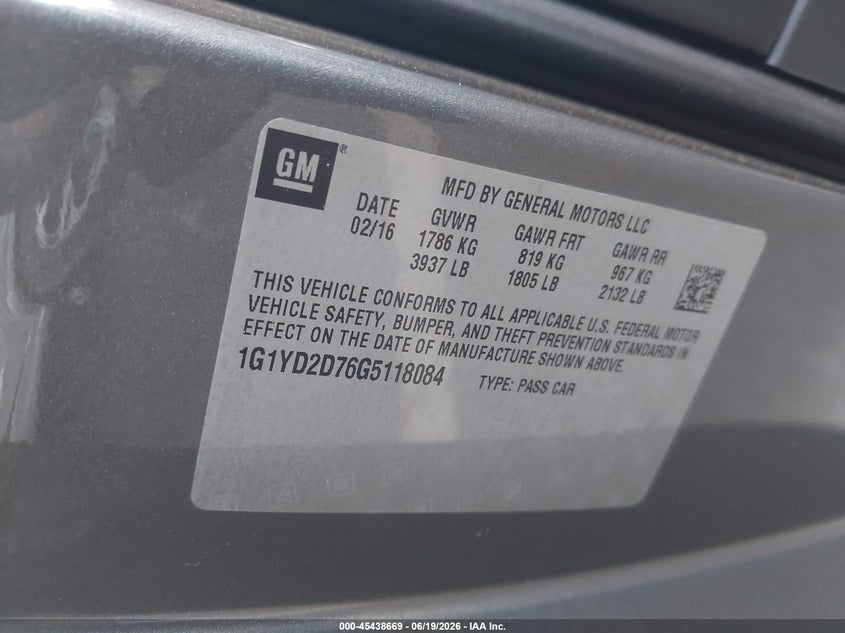 2016 Chevrolet Corvette VIN 1G1YD2D76G5118084 IAAI salvage auction — THEFT, Salvage Title, sold $18,300 on 2026-07-29 (photo 9)