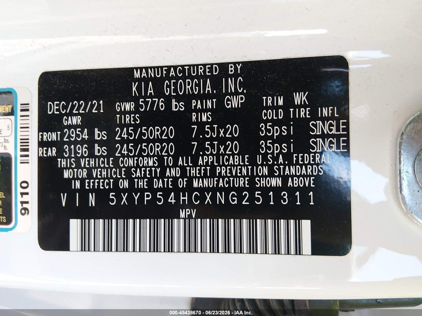 2022 Kia Telluride VIN 5XYP54HCXNG251311 IAAI salvage auction — SIDE, Salvage Title, sold $7,600 on 2026-07-29 (photo 9)