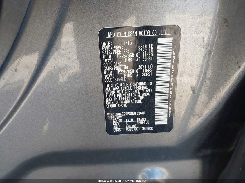 2016 Nissan Quest VIN JN8AE2KP8G9152601 IAAI salvage auction — NORMAL WEAR, Clear - Dealer Only (California), sold $750 on 2026-07-12 (photo 9)