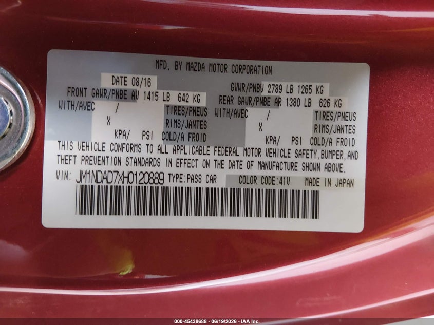 2017 Mazda Mx-5 VIN JM1NDAD7XH0120889 IAAI salvage auction — REAR END, Salvage (Utah), sold $4,600 on 2026-07-13 (photo 9)