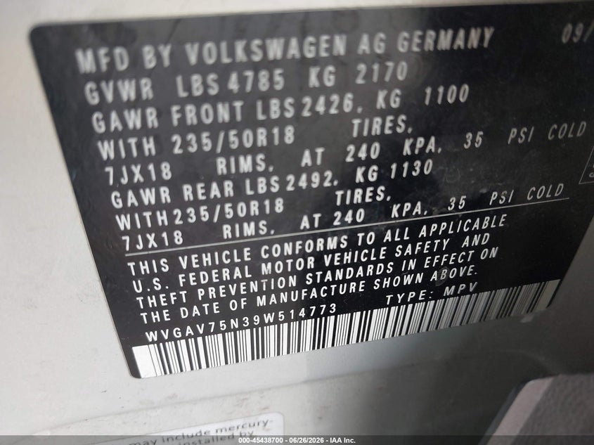 2009 Volkswagen Tiguan VIN WVGAV75N39W514773 IAAI salvage auction — RIGHT REAR, Salvage (California), sold $1,000 on 2026-08-03 (photo 9)