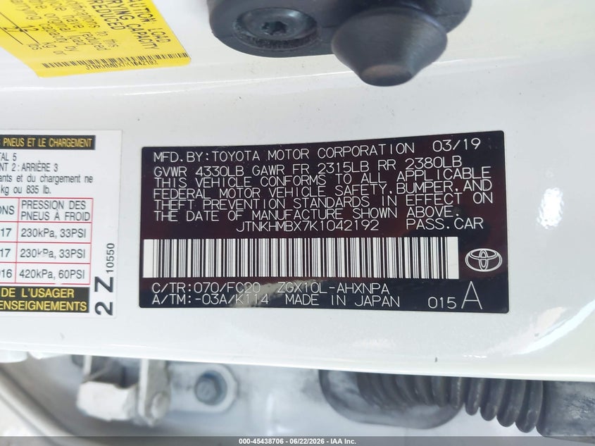 2019 Toyota C-hr VIN JTNKHMBX7K1042192 IAAI salvage auction — RIGHT FRONT, Salvage (California), sold $5,850 on 2026-07-13 (photo 9)