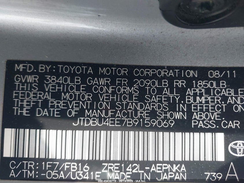 2011 Toyota Corolla VIN JTDBU4EE7B9159069 IAAI salvage auction — RIGHT FRONT, Salvage (California), sold $2,650 on 2026-07-16 (photo 9)