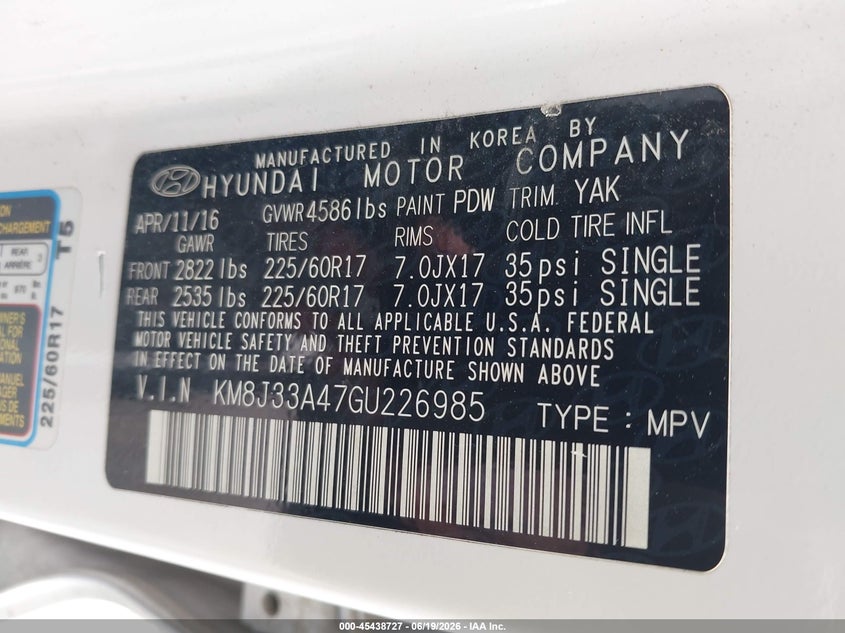 2016 Hyundai Tucson VIN KM8J33A47GU226985 IAAI salvage auction — NORMAL WEAR, Clear (Florida), sold $1,600 on 2026-07-21 (photo 9)