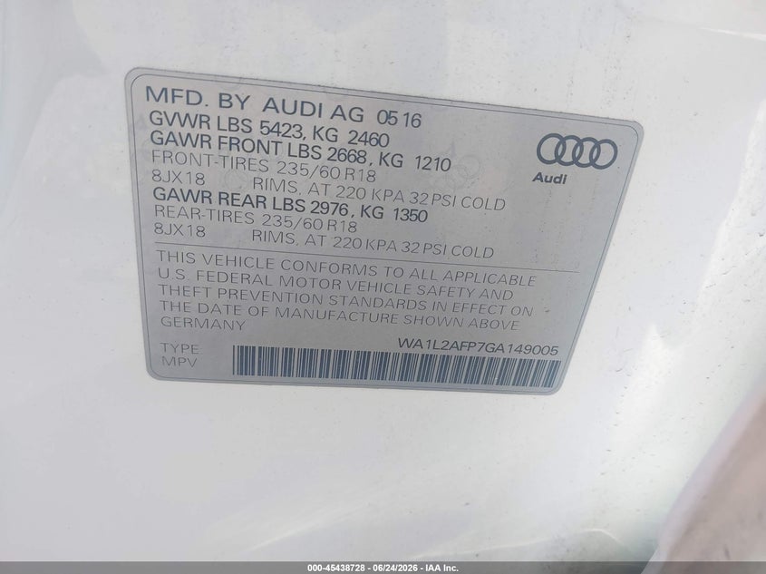 2016 Audi Q5 VIN WA1L2AFP7GA149005 IAAI salvage auction — LEFT FRONT, Mv-907A (New York), sold $1,975 on 2026-07-07 (photo 9)