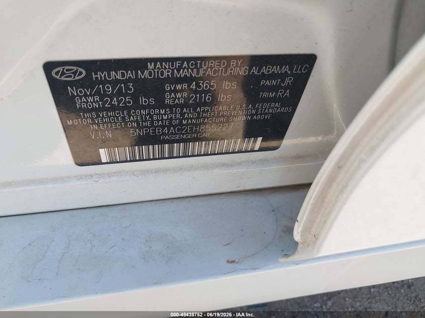 2014 Hyundai Sonata VIN 5NPEB4AC2EH855227 IAAI salvage auction — NORMAL WEAR, Restored (Arizona), sold $900 on 2026-07-09 (photo 9)