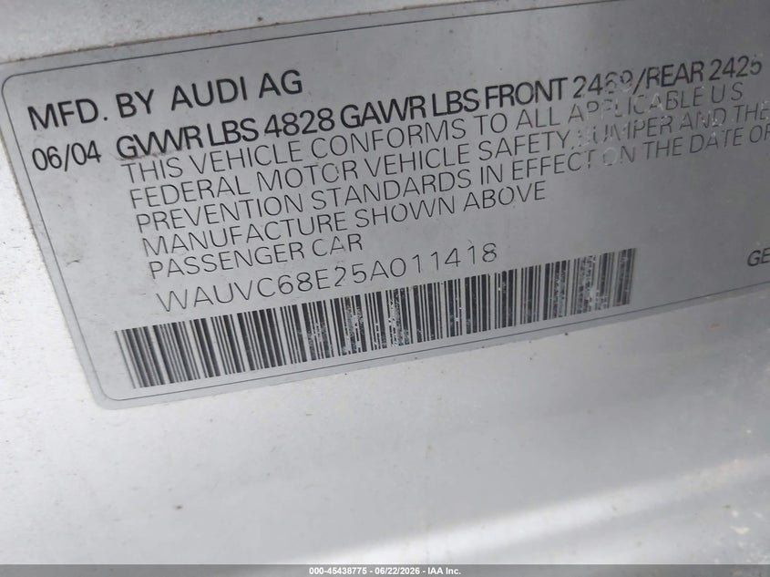 2005 Audi A4 VIN WAUVC68E25A011418 IAAI salvage auction — LEFT & RIGHT, Parts Only Bos (Minnesota), sold $225 on 2026-07-15 (photo 9)