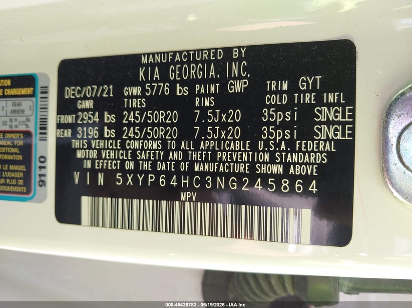 2022 Kia Telluride VIN 5XYP64HC3NG245864 IAAI salvage auction — REAR END, Salvage (Ohio), sold $6,050 on 2026-07-20 (photo 9)
