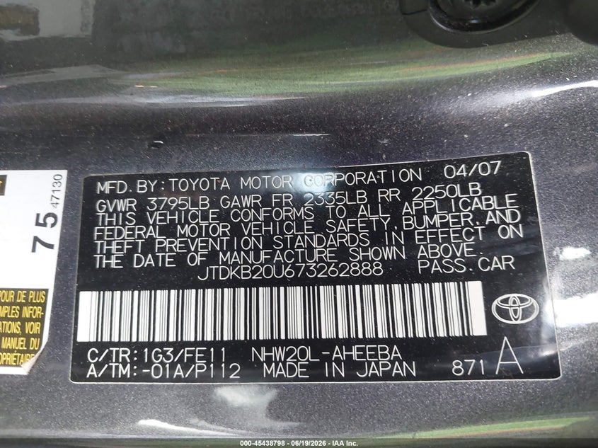 2007 Toyota Prius VIN JTDKB20U673262888 IAAI salvage auction — NORMAL WEAR, Clear-Dealer Only (Arizona), sold $775 on 2026-07-29 (photo 9)