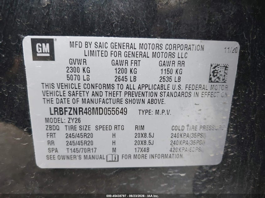 2021 Buick Envision VIN LRBFZNR48MD055649 IAAI salvage auction — HAIL, Salvage (Oklahoma), sold $3,100 on 2026-07-28 (photo 9)