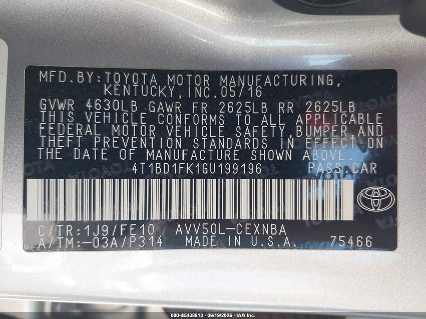 2016 Toyota Camry VIN 4T1BD1FK1GU199196 IAAI salvage auction — REAR END, Salvage (California), sold $1,950 on 2026-07-18 (photo 9)