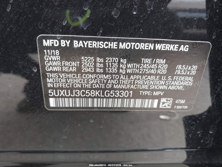 2019 BMW X4 VIN 5UXUJ3C58KLG53301 IAAI salvage auction — FRONT END, Salvage Title, sold $11,700 on 2026-08-19 (photo 9)