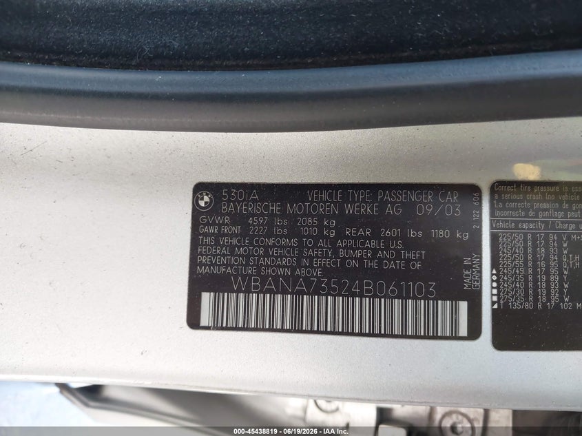 2004 BMW 5 series VIN WBANA73524B061103 IAAI salvage auction — REAR END, Salvage (California), sold $1,000 on 2026-07-15 (photo 9)