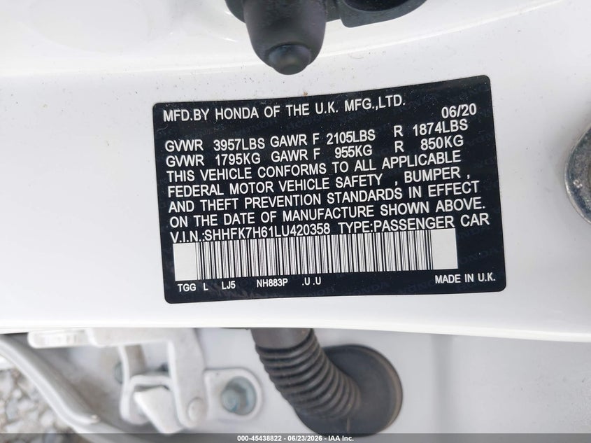 2020 Honda Civic VIN SHHFK7H61LU420358 IAAI salvage auction — RIGHT FRONT, Salvage Title, sold $7,900 on 2026-07-29 (photo 9)