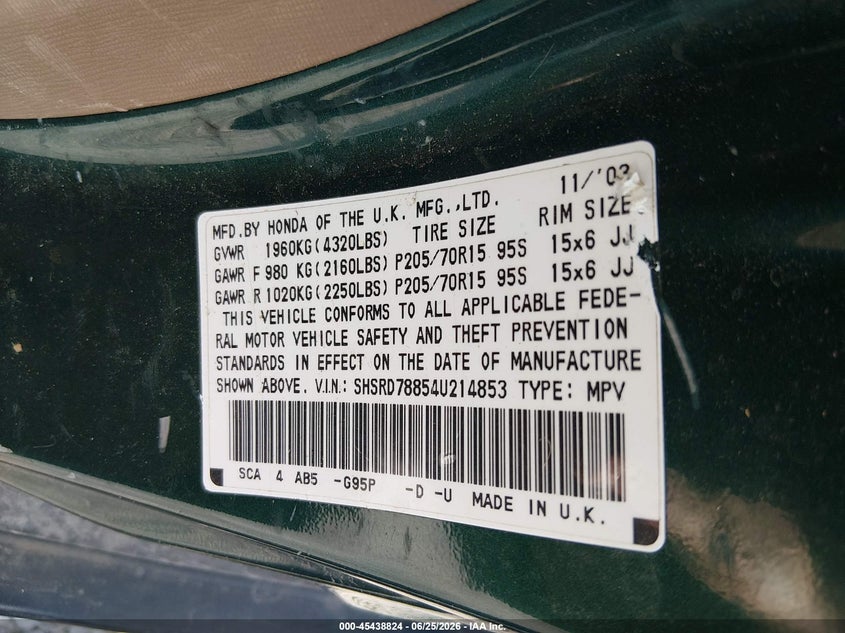 2004 Honda Cr-v VIN SHSRD78854U214853 IAAI salvage auction — NORMAL WEAR, Original (Kentucky), sold $925 on 2026-07-29 (photo 9)