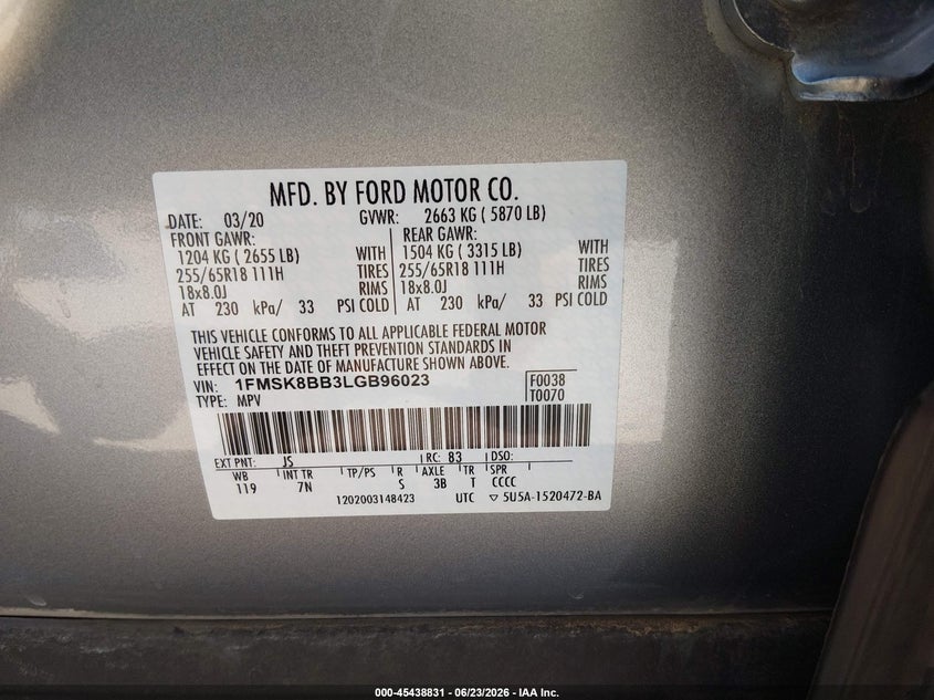 2020 Ford Explorer VIN 1FMSK8BB3LGB96023 IAAI salvage auction — NORMAL WEAR, Sf97 (Arizona), sold $8,100 on 2026-07-28 (photo 9)