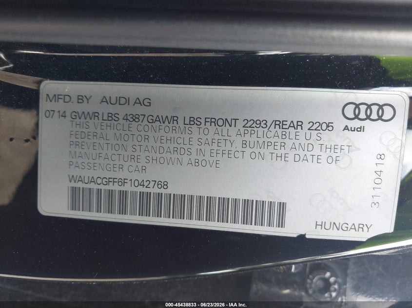 2015 Audi A3 VIN WAUACGFF6F1042768 IAAI salvage auction — MECHANICAL, Clear (Georgia), sold $550 on 2026-07-17 (photo 9)