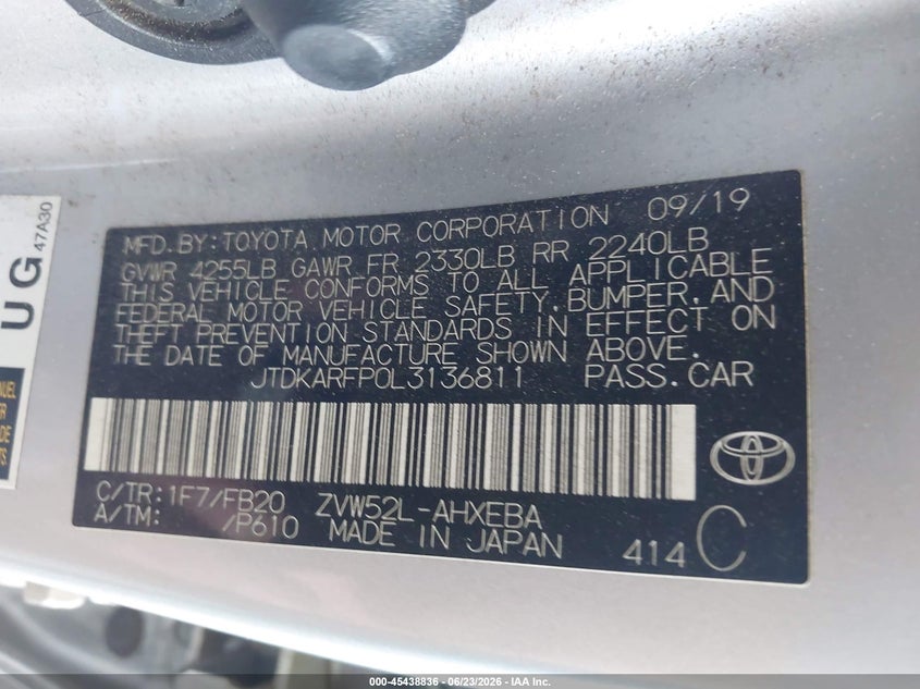 2020 Toyota Prius VIN JTDKARFP0L3136811 IAAI salvage auction — FRONT & REAR, Salvage Title, sold $3,200 on 2026-07-28 (photo 9)
