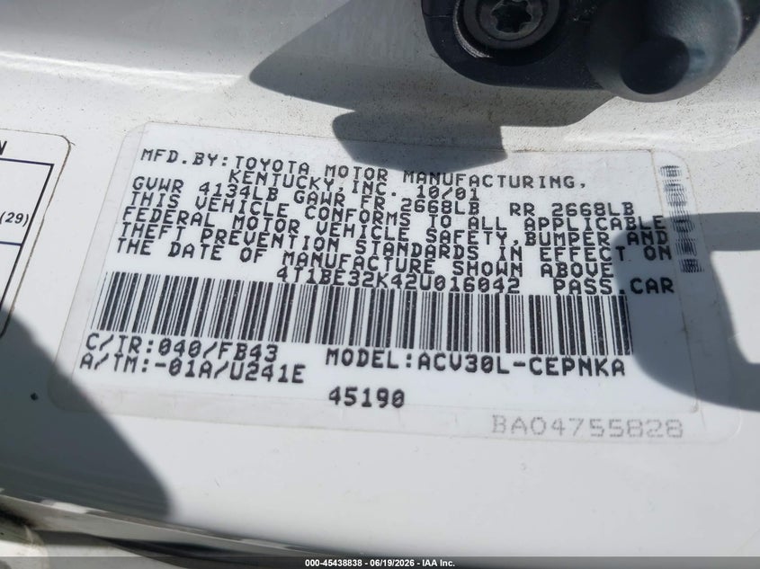 2002 Toyota Camry VIN 4T1BE32K42U016042 IAAI salvage auction — REAR END, Salvage (Utah), sold $300 on 2026-07-09 (photo 9)