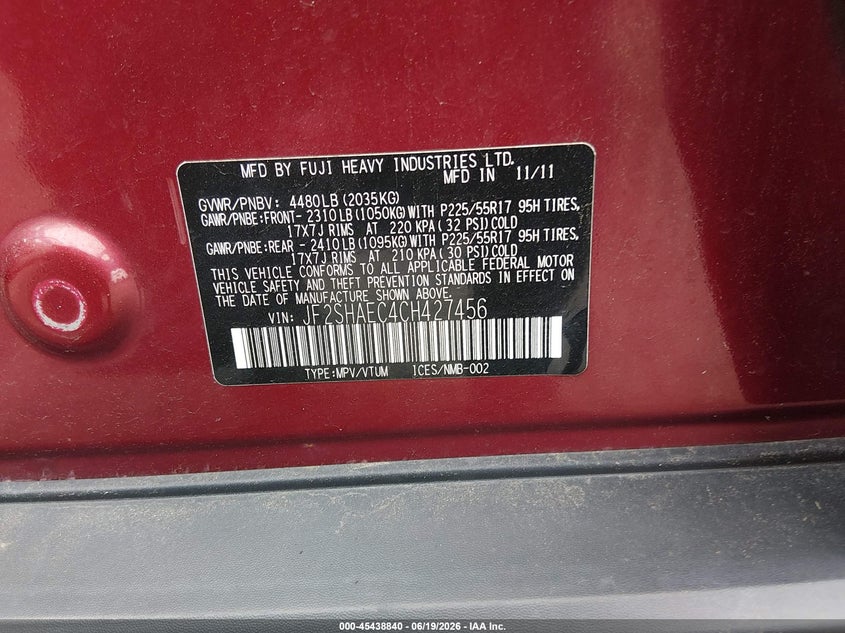 2012 Subaru Forester VIN JF2SHAEC4CH427456 IAAI salvage auction — NORMAL WEAR, Clear (New Jersey), sold $425 on 2026-07-20 (photo 9)
