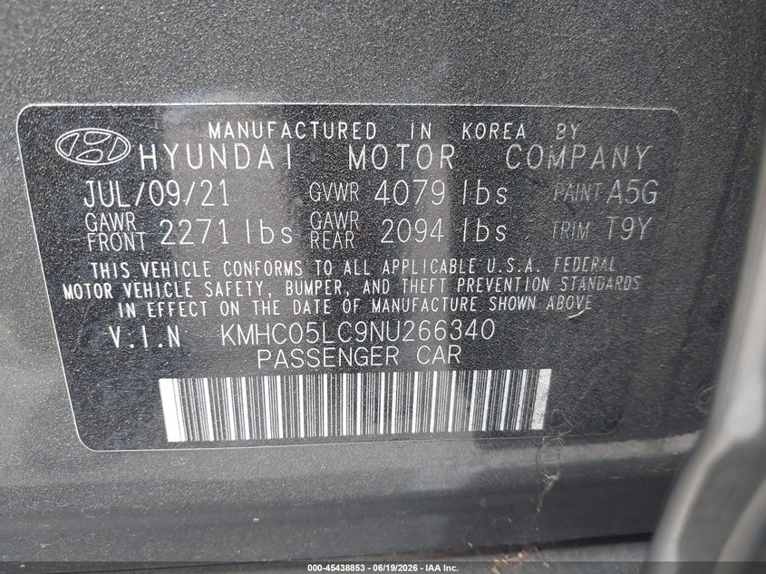 2022 Hyundai Ioniq VIN KMHC05LC9NU266340 IAAI salvage auction — FRONT END, Salvage Title, sold $3,850 on 2026-07-15 (photo 9)