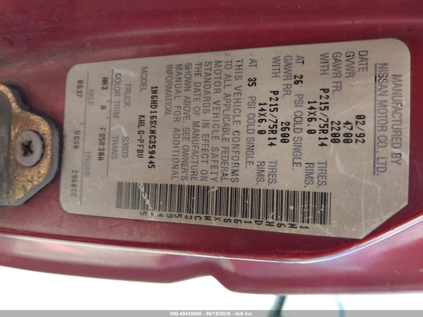 1992 Nissan Truck VIN 1N6HD16SXNC359445 IAAI salvage auction — RIGHT FRONT, Salvage (California), sold $450 on 2026-07-09 (photo 9)