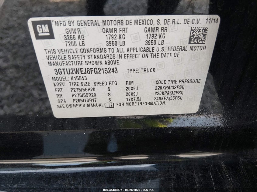 2015 Gmc SIERRA VIN 3GTU2WEJ8FG215243 IAAI salvage auction — FRONT END, Salvage (Alabama), sold $4,500 on 2026-07-12 (photo 9)