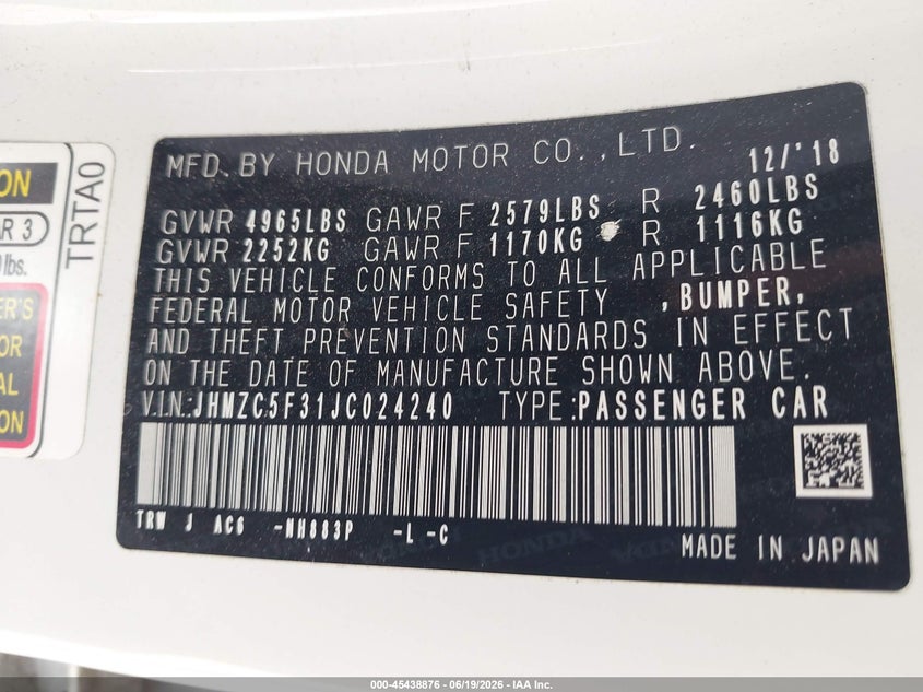 2018 Honda Clarity VIN JHMZC5F31JC024240 IAAI salvage auction — REAR END, Salvage Title, sold $1,350 on 2026-07-30 (photo 9)