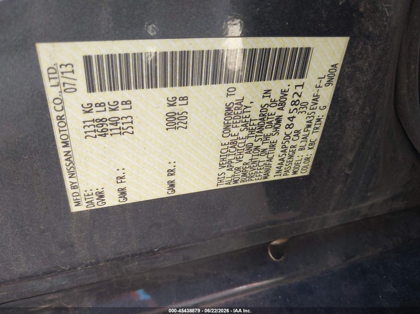 2013 Nissan Maxima VIN 1N4AA5AP5DC845821 IAAI salvage auction — NORMAL WEAR, Clear-Dealer Only (Arizona), sold $600 on 2026-07-09 (photo 9)