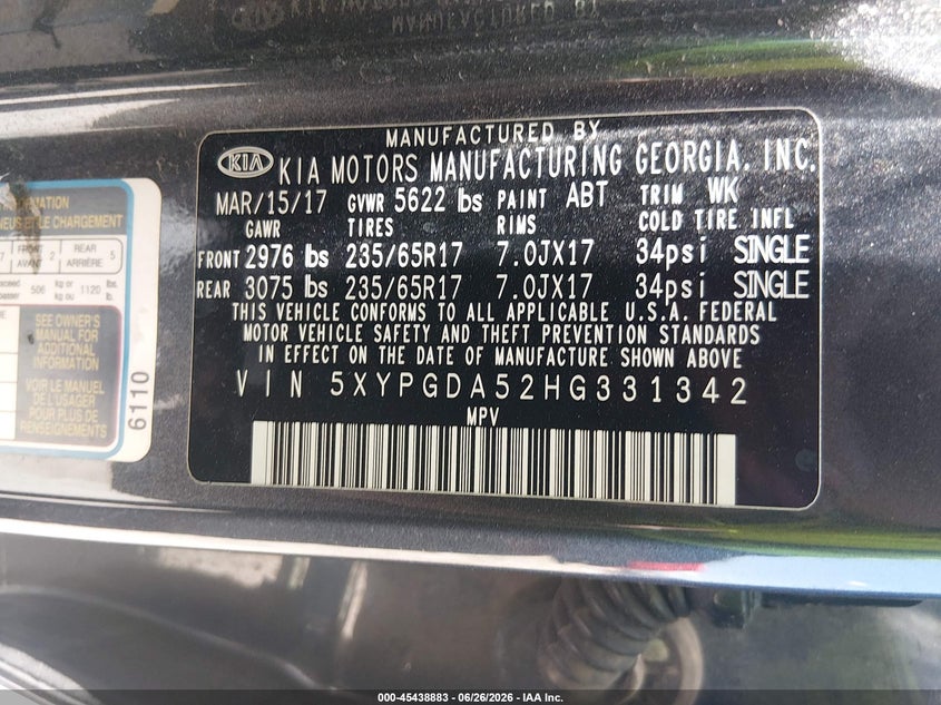 2017 Kia Sorento VIN 5XYPGDA52HG331342 IAAI salvage auction — FRONT & REAR, Salvage (Arizona), sold $1,950 on 2026-07-30 (photo 9)