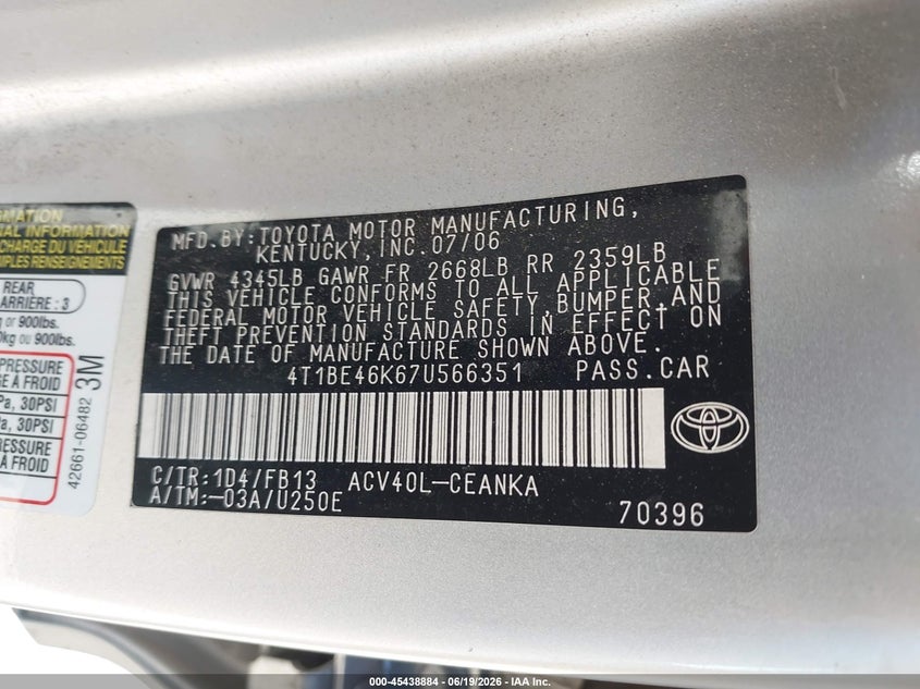 2007 Toyota Camry VIN 4T1BE46K67U566351 IAAI salvage auction — NORMAL WEAR, Clear (Arizona), sold $1,100 on 2026-07-09 (photo 9)