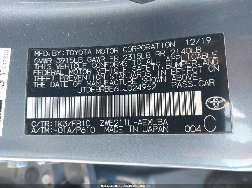 2020 Toyota Corolla VIN JTDEBRBE6LJ024962 IAAI salvage auction — FRONT END, Salvage (Oregon), sold $3,900 on 2026-08-16 (photo 9)