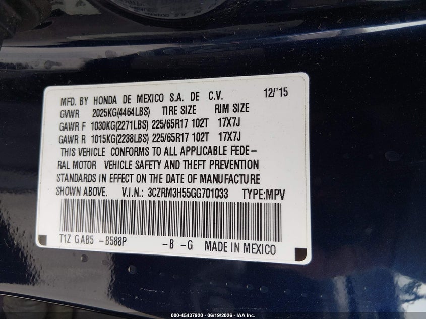 2016 Honda Cr-v VIN 3CZRM3H55GG701033 IAAI salvage auction — FRONT END, Salvage (California), sold $3,850 on 2026-07-09 (photo 9)