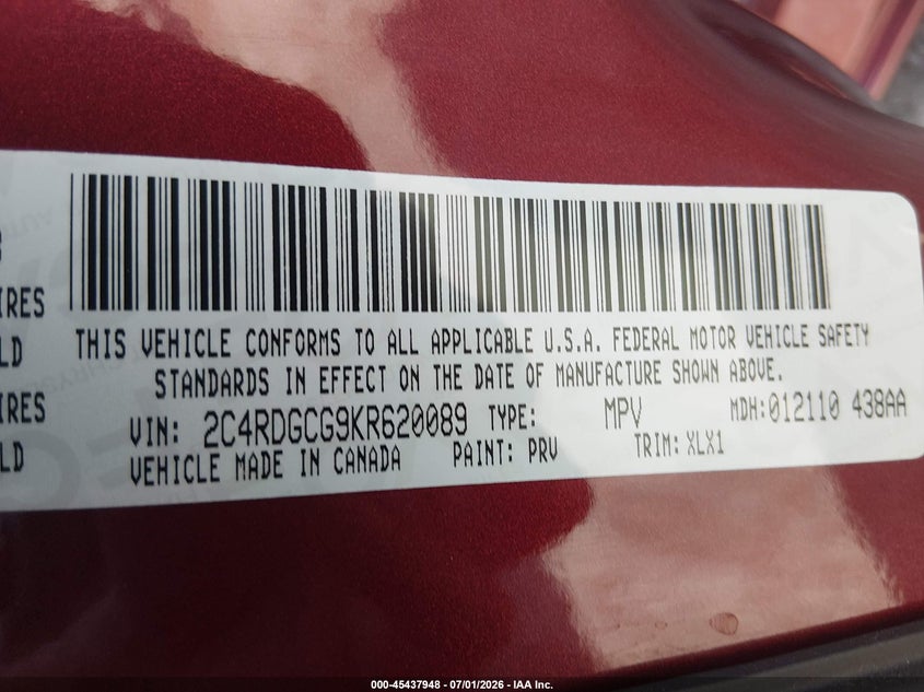 2019 Dodge Caravan VIN 2C4RDGCG9KR620089 IAAI salvage auction — LEFT REAR, Salvage Title, sold $9,900 on 2026-08-05 (photo 9)