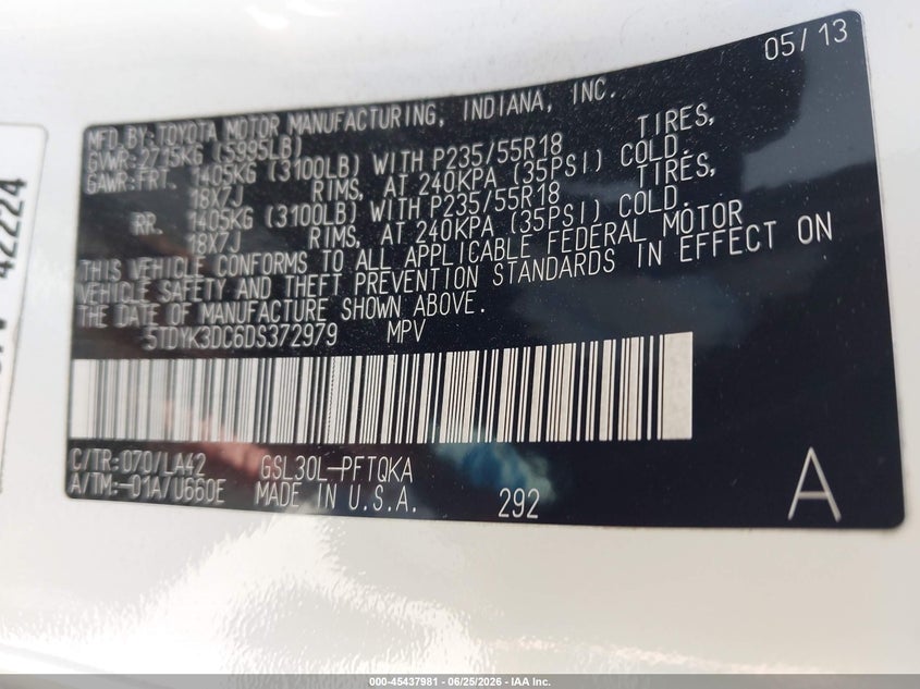 2013 Toyota Sienna VIN 5TDYK3DC6DS372979 IAAI salvage auction — REAR END, Salvage (California), sold $4,650 on 2026-07-13 (photo 9)