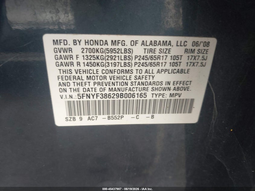 2009 Honda Pilot VIN 5FNYF38629B006165 IAAI salvage auction — NORMAL WEAR, Clear - Dealer Only (California), sold $425 on 2026-07-09 (photo 9)