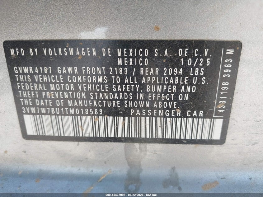 2026 Volkswagen Jetta VIN 3VW7W7BU1TM018589 IAAI salvage auction — FRONT END, Enterprise Vehicles Clear Only (Texas), sold $8,700 on 2026-07-21 (photo 9)