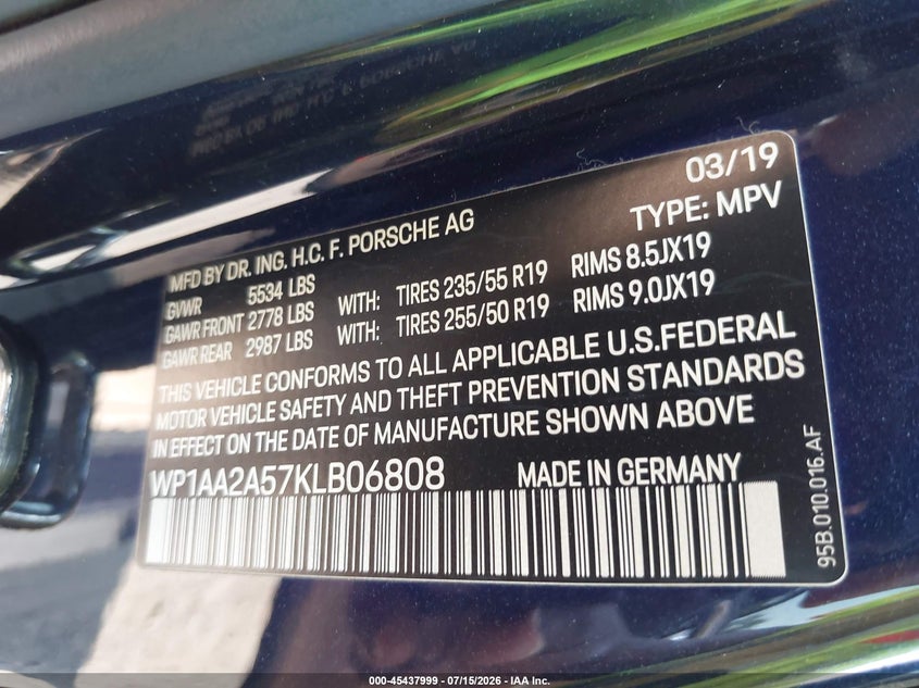 2019 Porsche Macan VIN WP1AA2A57KLB06808 IAAI salvage auction — FRONT END, Salvage Title, sold $18,450 on 2026-08-19 (photo 9)