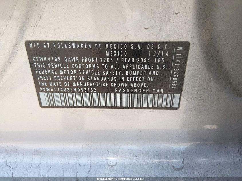 2015 Volkswagen Golf gti VIN 3VW5T7AU8FM053152 IAAI salvage auction — FRONT END, Salvage (California), sold $3,550 on 2026-07-08 (photo 9)