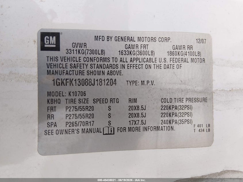 2008 Gmc Yukon VIN 1GKFK13088J181204 IAAI salvage auction — NORMAL WEAR, Clear (Wisconsin), sold $25 on 2026-07-10 (photo 9)