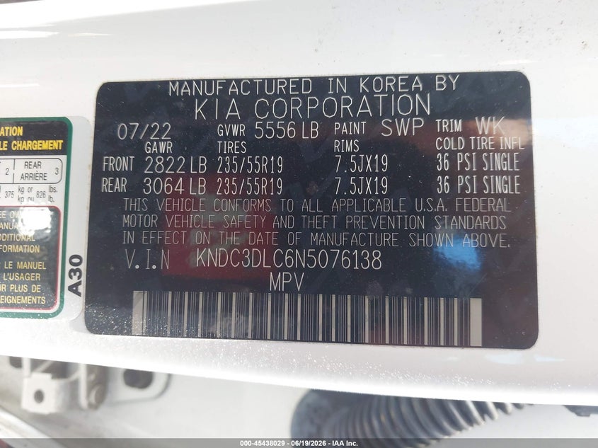 2022 Kia Ev6 VIN KNDC3DLC6N5076138 IAAI salvage auction — LEFT FRONT, Salvage Title, sold $12,400 on 2026-07-16 (photo 9)